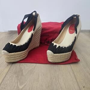 Christian Louboutin Women's Wedge Espadrilles with Black Ribbon Tie - EU Size 36